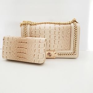 Classic Fashion Cream Crocodile Handbag/Wallet Set